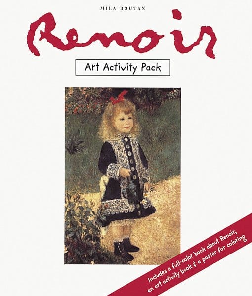 A cover image of Renoir Art Activity Pack. The cover features a painting of a young girl with blonde hair wearing a blue and white dress and a red bow, standing in a garden. A red banner reads: 