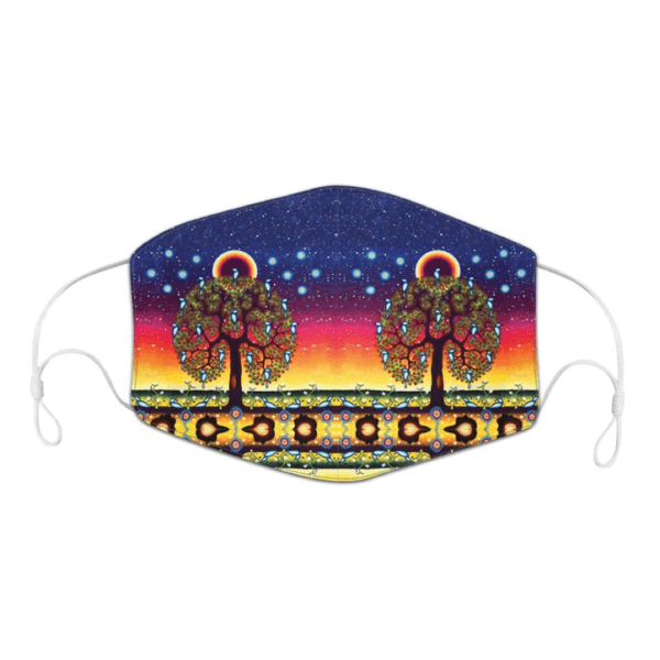 A Mask with James Jacko Artwork featuring two stylized trees with intricate, colorful patterns. The background transitions from a starry night sky at the top to a sunset gradient of blue, pink, and yellow with a decorative border at the bottom.