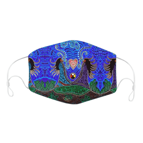 A Mask with Leah Dorian Artwork features a vibrant design with four silhouetted figures holding hands, surrounded by greenery and intricate blue, green, and purple patterns. In the center, there is a multicolored circle and a glowing heart symbol above it.