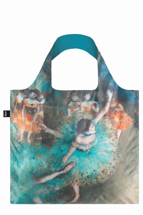 A Tote Bag with Edgar Degas Artwork featuring ballet dancers. The dancers are dressed in vibrant costumes, including blue and orange tutus. The bag's handles and background are turquoise, adding a modern touch to the classic painting.