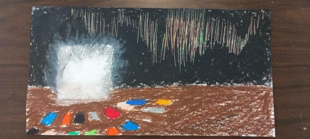 A pastel drawing of what looks like a screen with coloured squares scattered in front of it. A rainbow, squiggly line is on the wall behind the screen.