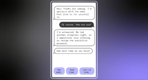 A screenshot from Wake Windows: The Witching Hour. The image depicts the in-world SMS system that allows audiences to navigate the first part of the exhibition.