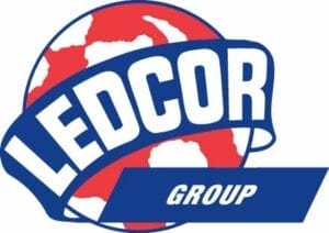 The Ledcor Group logo showcases a bold design with a red and white globe behind the striking "LEDCOR" in bold white letters on a blue ribbon, reminiscent of beads in the blood. Below, "GROUP" appears subtly on a blue rectangle.