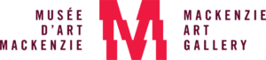 Logo for the Mackenzie Art Gallery. The image features a large red letter "M" at the center, with "MUSÉE D'ART MACKENZIE" on the left and "MACKENZIE ART GALLERY" on the right in burgundy text.