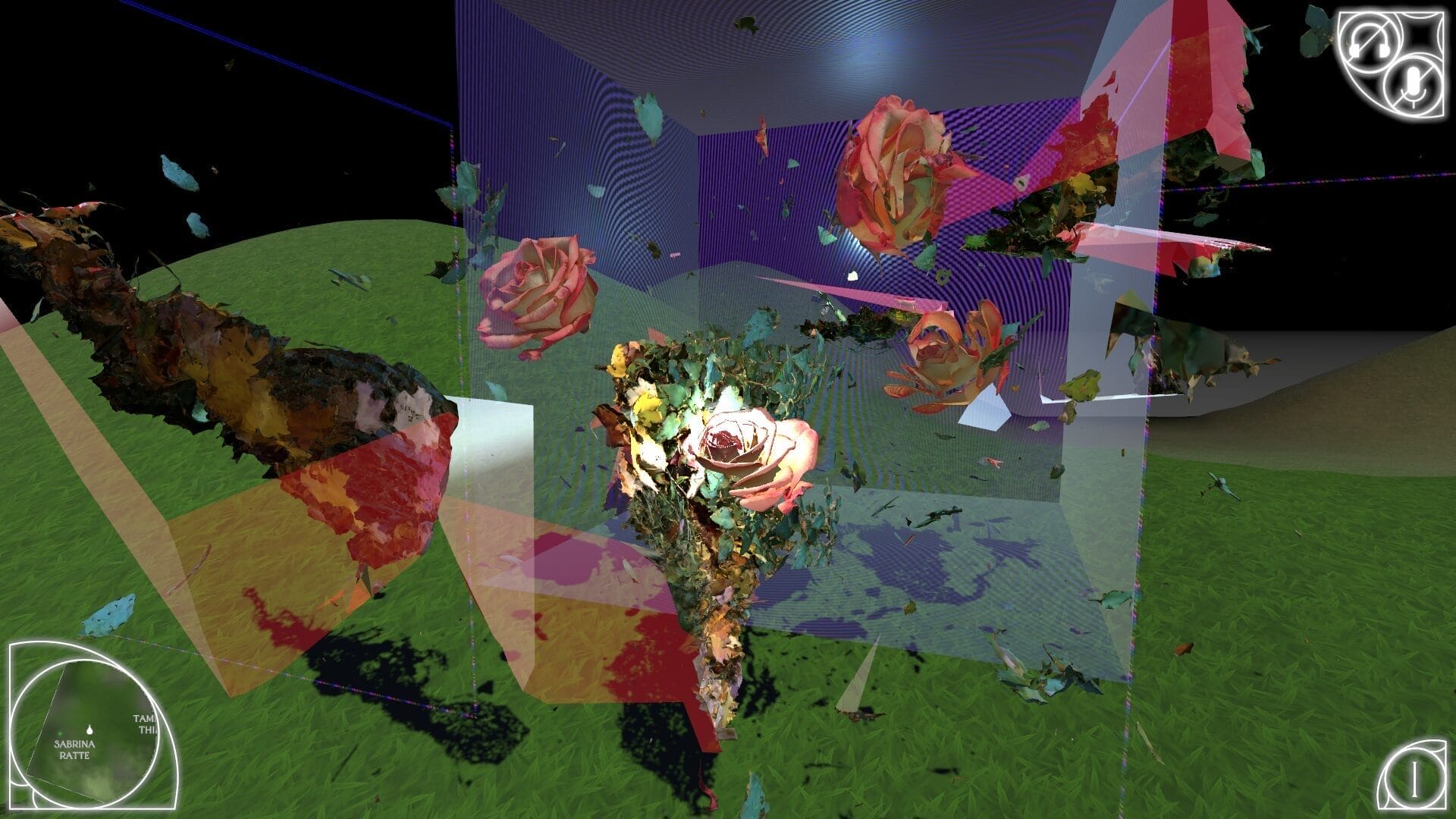 A surreal digital art piece featuring fragmented roses floating within a transparent geometric structure. The background includes abstract grassy terrain and vibrant colors, creating a dreamlike atmosphere.