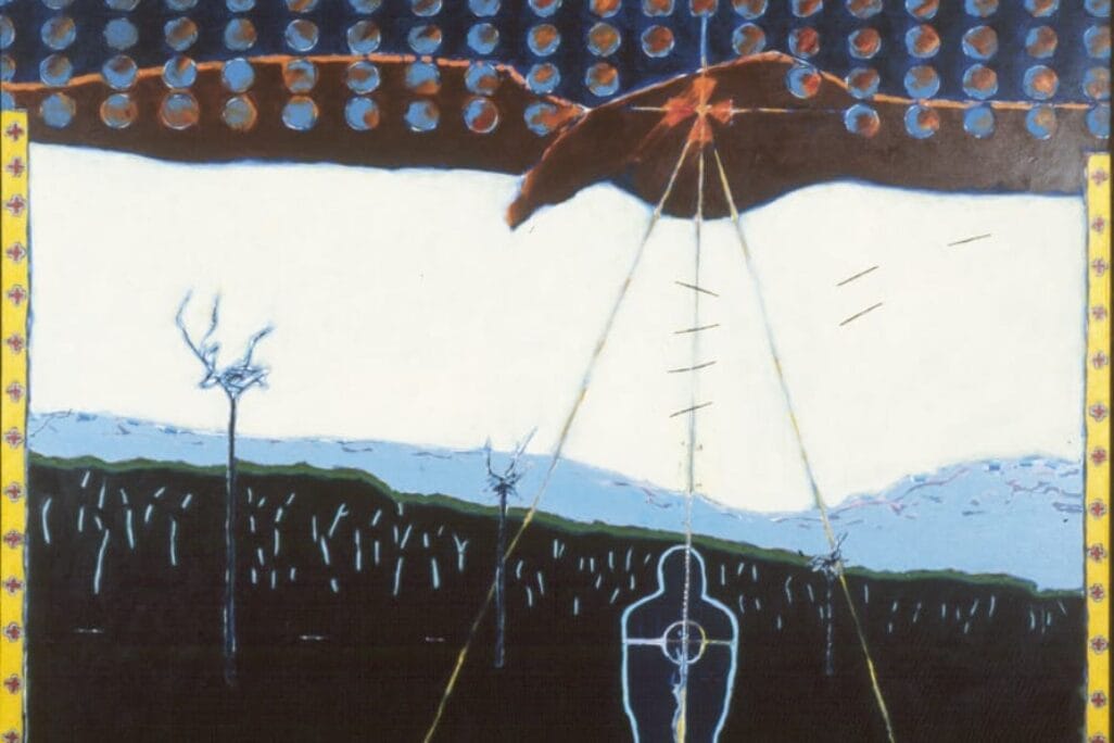 A surreal painting features a human figure outlined in blue, with an orange crosshair on its chest. Above it hovers a large circular object, while two barren trees stand in the background. The sky is filled with circular patterns, and the frame is a yellow border—truly the bones of a story waiting to be told.