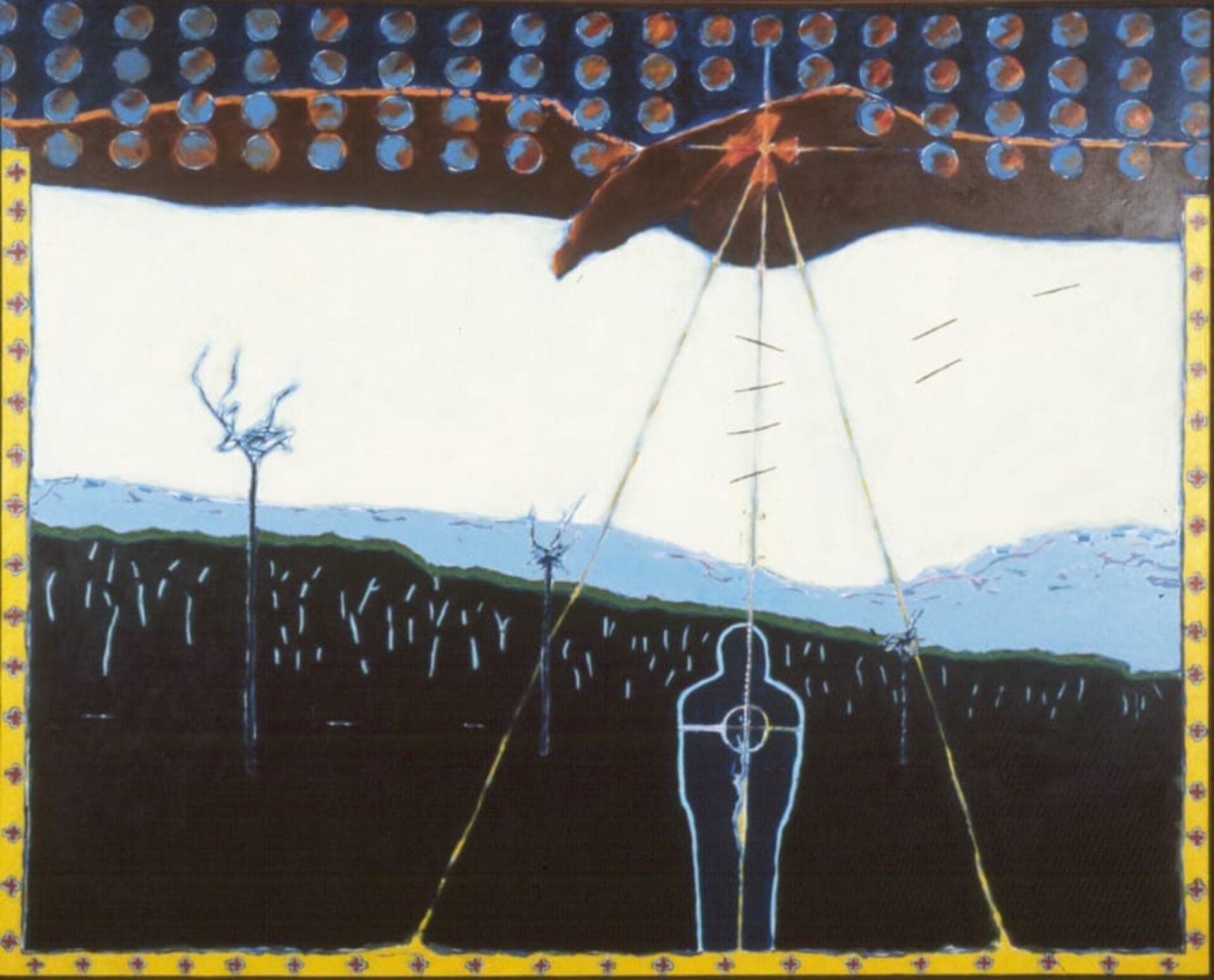 A surreal painting features a human figure outlined in blue, with an orange crosshair on its chest. Above it hovers a large circular object, while two barren trees stand in the background. The sky is filled with circular patterns, and the frame is a yellow border—truly the bones of a story waiting to be told.