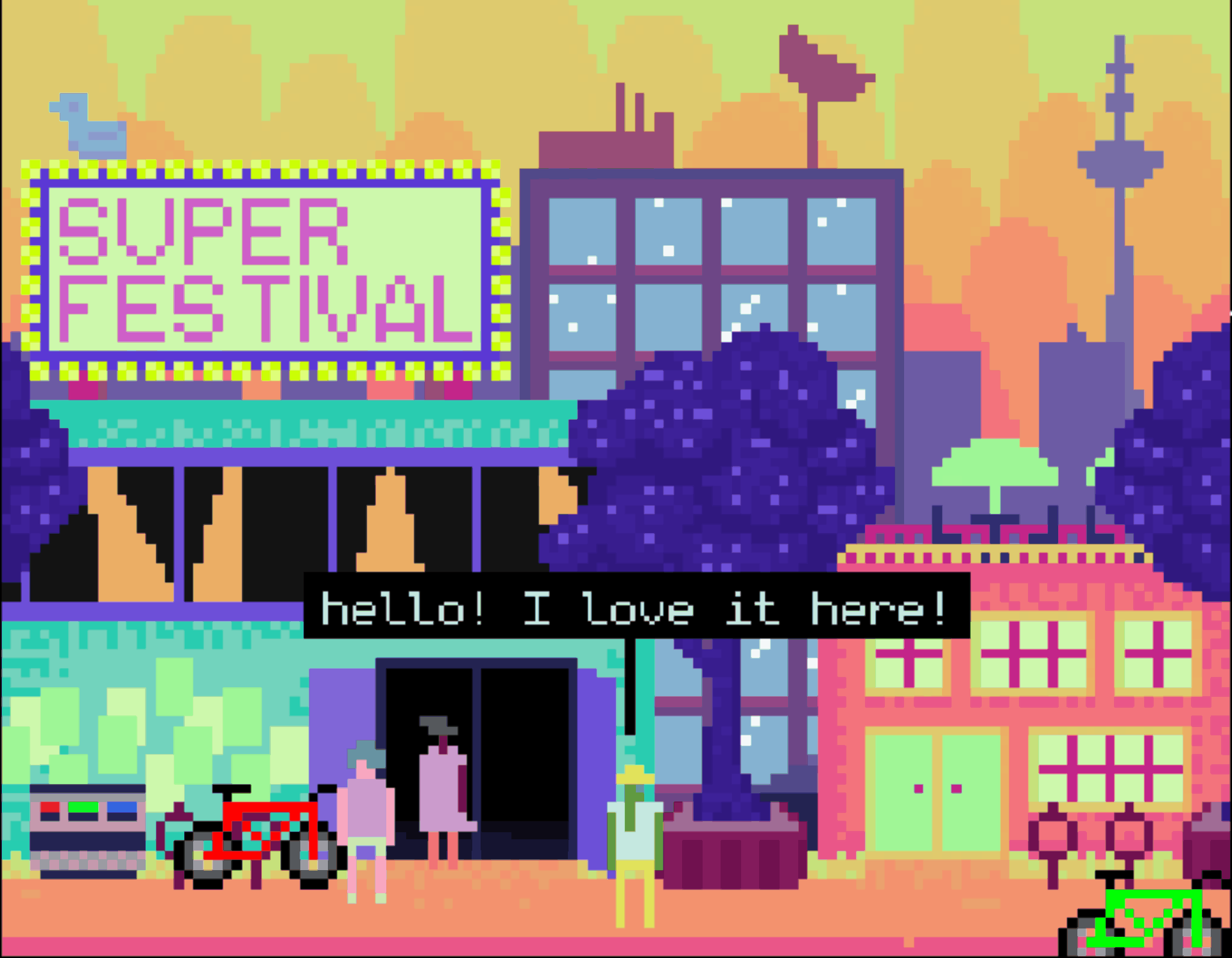 An 8-bit style illustration of a vibrant cityscape featuring a