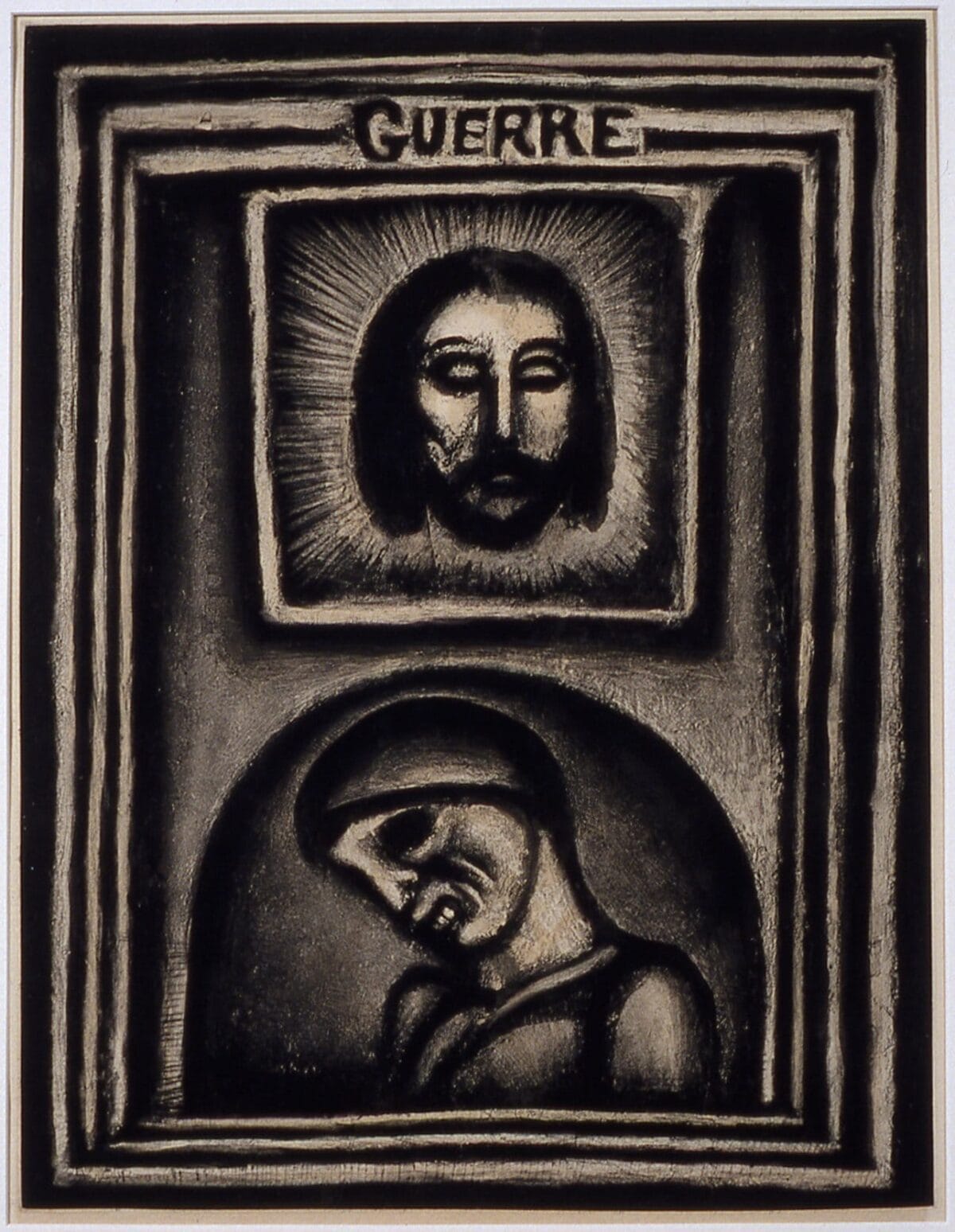 Top to bottom, inside, progressively smaller squares: the work guerre (war); t center: a man's head with a halo; b center: in an arch is a hollow-eyed human turning skeleton