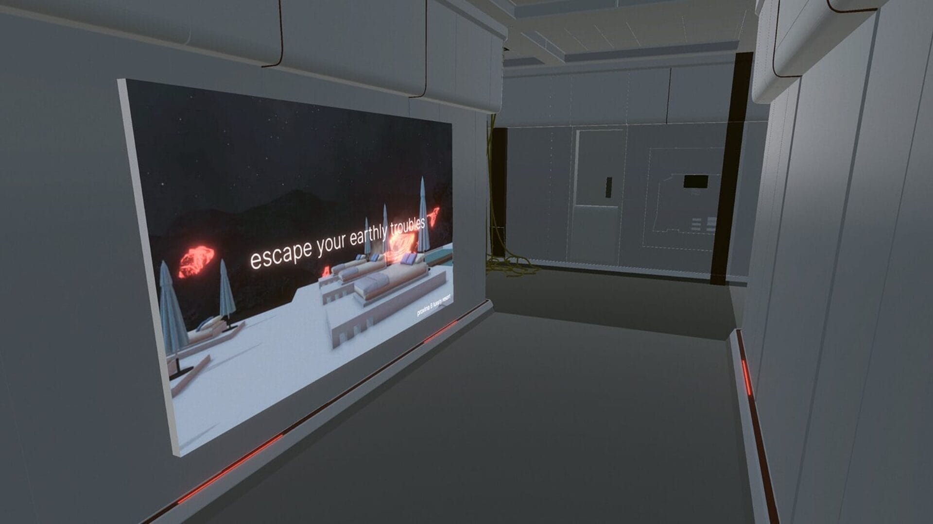 A futuristic room features a large screen on the wall displaying a space scene with the text