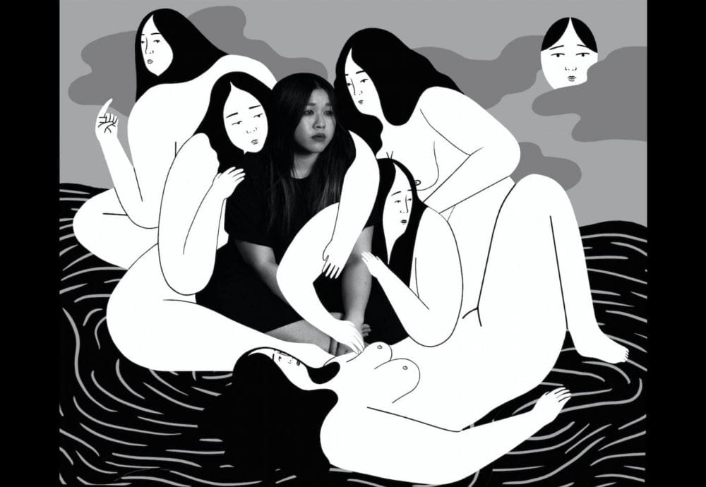Black and white illustration of five figures wrapped around a black and white image of the artist.