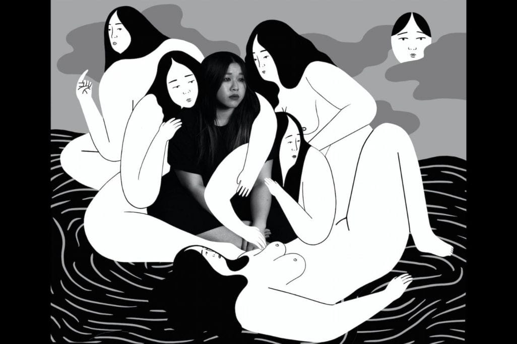 Black and white illustration of five figures wrapped around a black and white image of the artist.