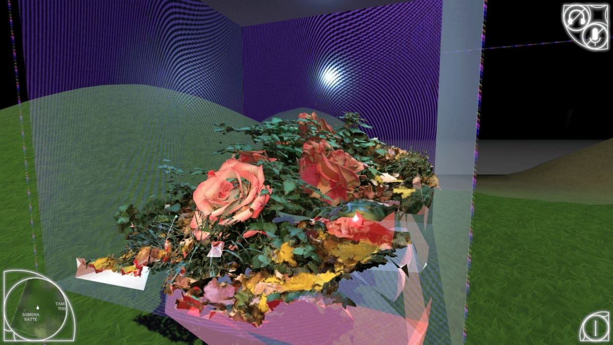 Une œuvre d'art numérique composée de roses et de feuilles roses entourées de motifs abstraits et vibrants dans un cube translucide. L'arrière-plan présente des mélanges de couleurs et de formes géométriques, avec des lignes de grille et d'autres motifs abstraits ajoutant une atmosphère dynamique et surréaliste.