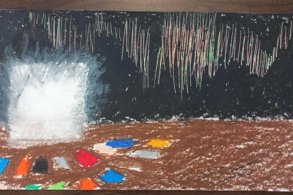A pastel drawing of what looks like a screen with coloured squares scattered in front of it. A rainbow, squiggly line is on the wall behind the screen.