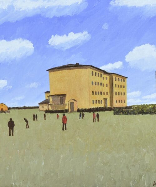 A painting of a large beige building with several people scattered on the grassy field in front of it. The sky is bright blue with fluffy white clouds. An American flag on a flagpole stands near the building, which has a few smaller structures nearby.