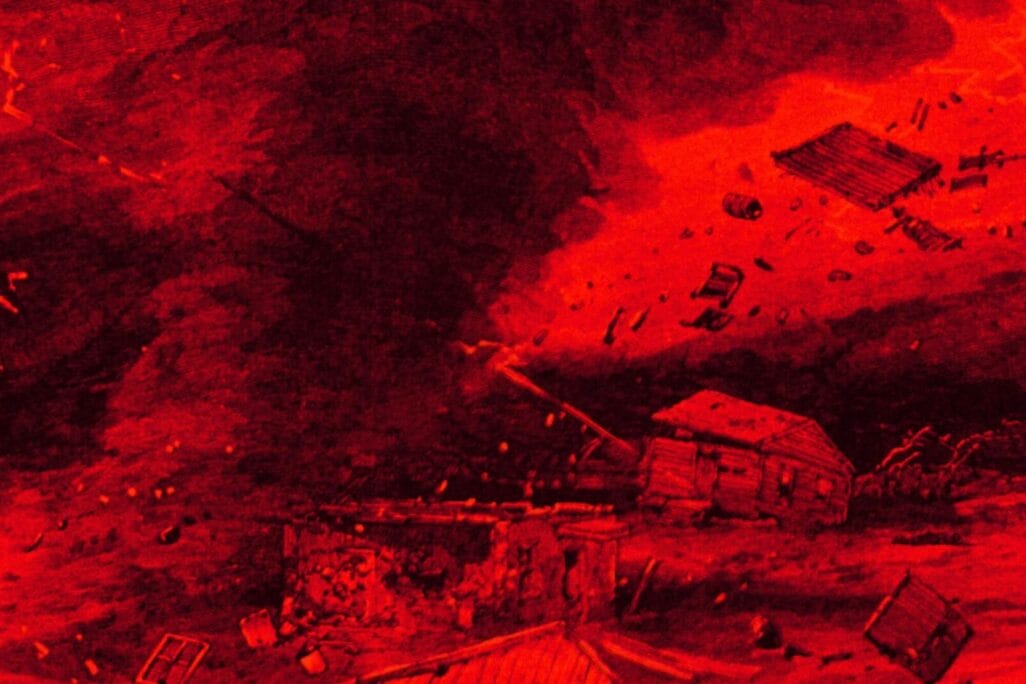 An illustration depicts a destructive tornado in vivid red tones, with debris including parts of buildings and furniture swirling into the ether. A house appears damaged in the foreground, highlighting the intense chaos and devastation.