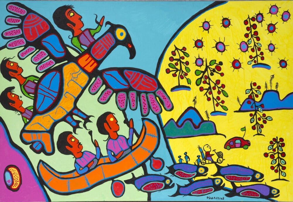 A vibrant, colorful painting features people in a canoe and a bird-shaped airplane soaring above. Fish swim below in a river. On the right, more individuals, trees with flowers, and a red car in a yellow field under a blue sky evoke Norval Morrisseau storylines.