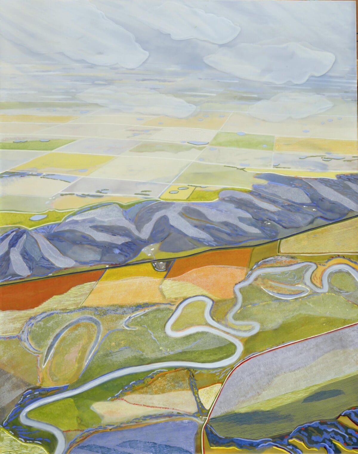 A vibrant aerial landscape painting from the MacKenzie Gala SENSORIA series showcases rolling hills, a meandering river, and patchwork fields in various shades of green, yellow, and brown. The sky is filled with soft, wispy clouds, and distant mountains add depth to the scene.