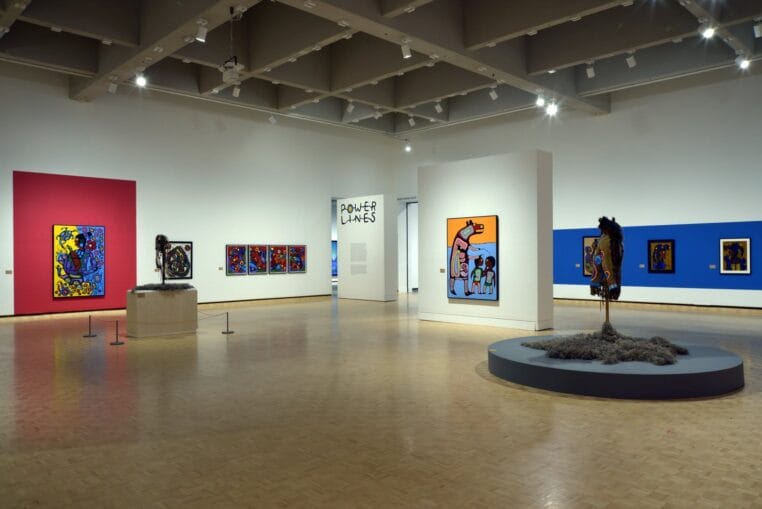 Installation view, Miskwaabik Animiiki Power Lines: The Work of Norval Morrisseau, The MacKenzie Art Gallery, 2021. 