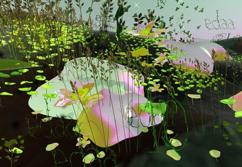 A digital artwork depicts an abstract, lush landscape with floating lily pads, green plants, and soft pastel-colored shapes. Delicate flowers and leafy stems mix with stylized text reading 