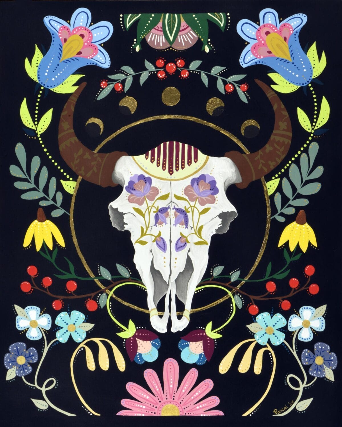 A vibrant, ornate painting from the MacKenzie Gala SENSORIA collection features a cow skull adorned with colorful floral patterns. Surrounding the skull are various stylized flowers, leaves, and crescent moon shapes, all set against a dark background. The design is symmetrical and richly detailed.