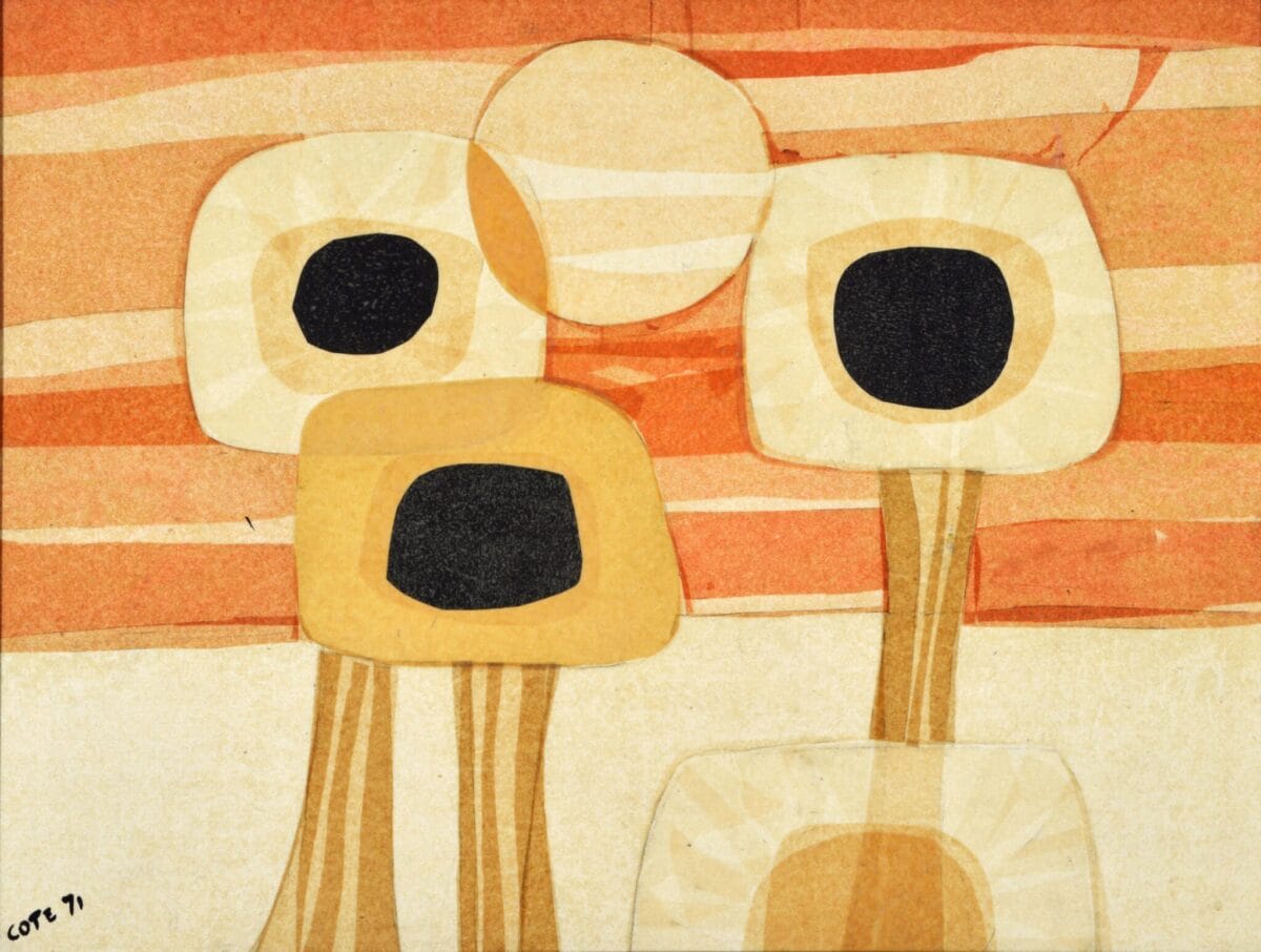 A vibrant abstract artwork featured at the MacKenzie Gala, showcasing three stylized flowers with black centers and cream-colored petals on elongated stems, set against a layered background with stripes of orange and red hues. The artwork is signed 