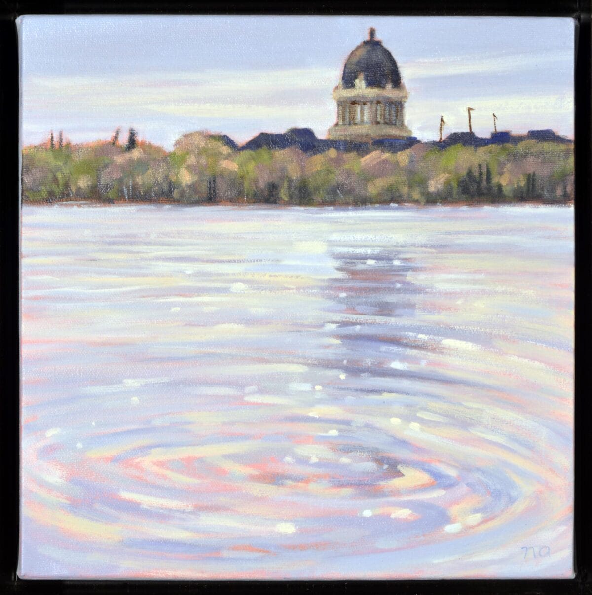 A tranquil painting from the MacKenzie Gala collection depicts a lake with gentle ripples in the foreground. In the background, there is a historic building with a dome roof, surrounded by trees and a partly cloudy sky. The colors are predominantly soft blues and greens with hints of pink.