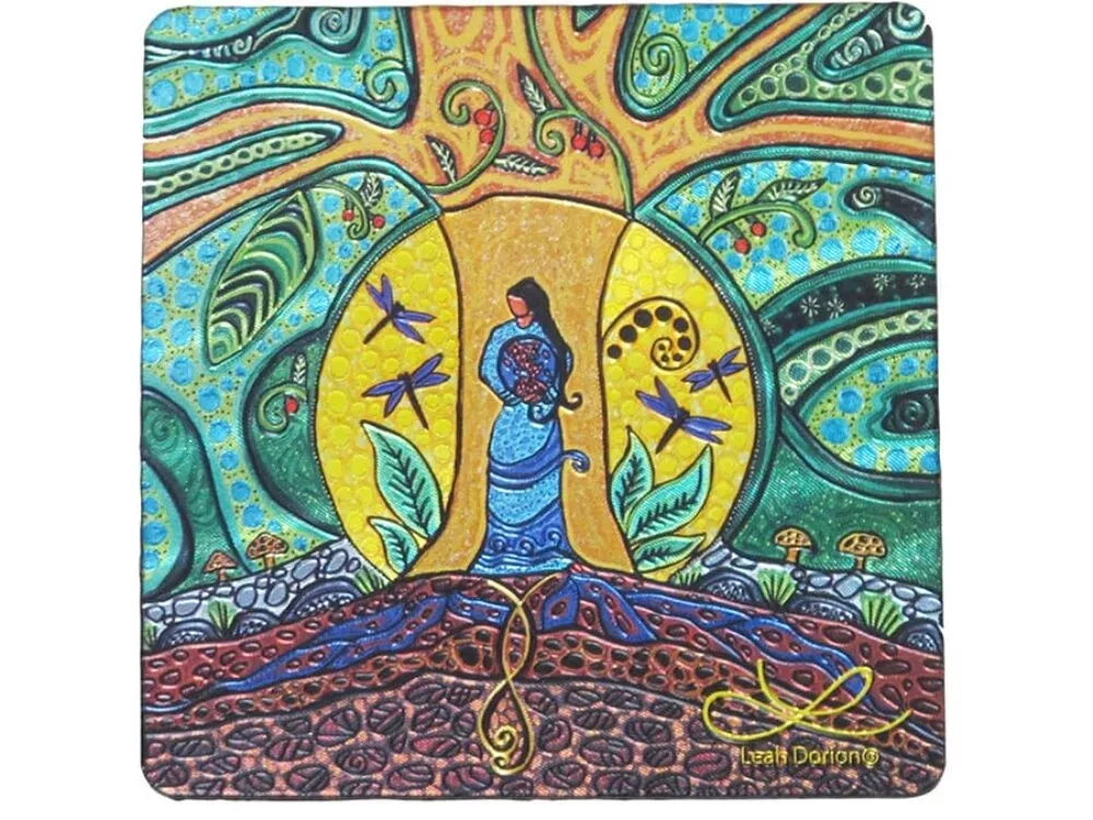 The Leah Dorion, Strong Earth Women Magnet showcases a vibrant abstract design with a woman in a blue dress at the center, surrounded by colorful swirling patterns, dragonflies, and tree-like designs. The image is rich in detail and encapsulates a mystical and earthy theme.
