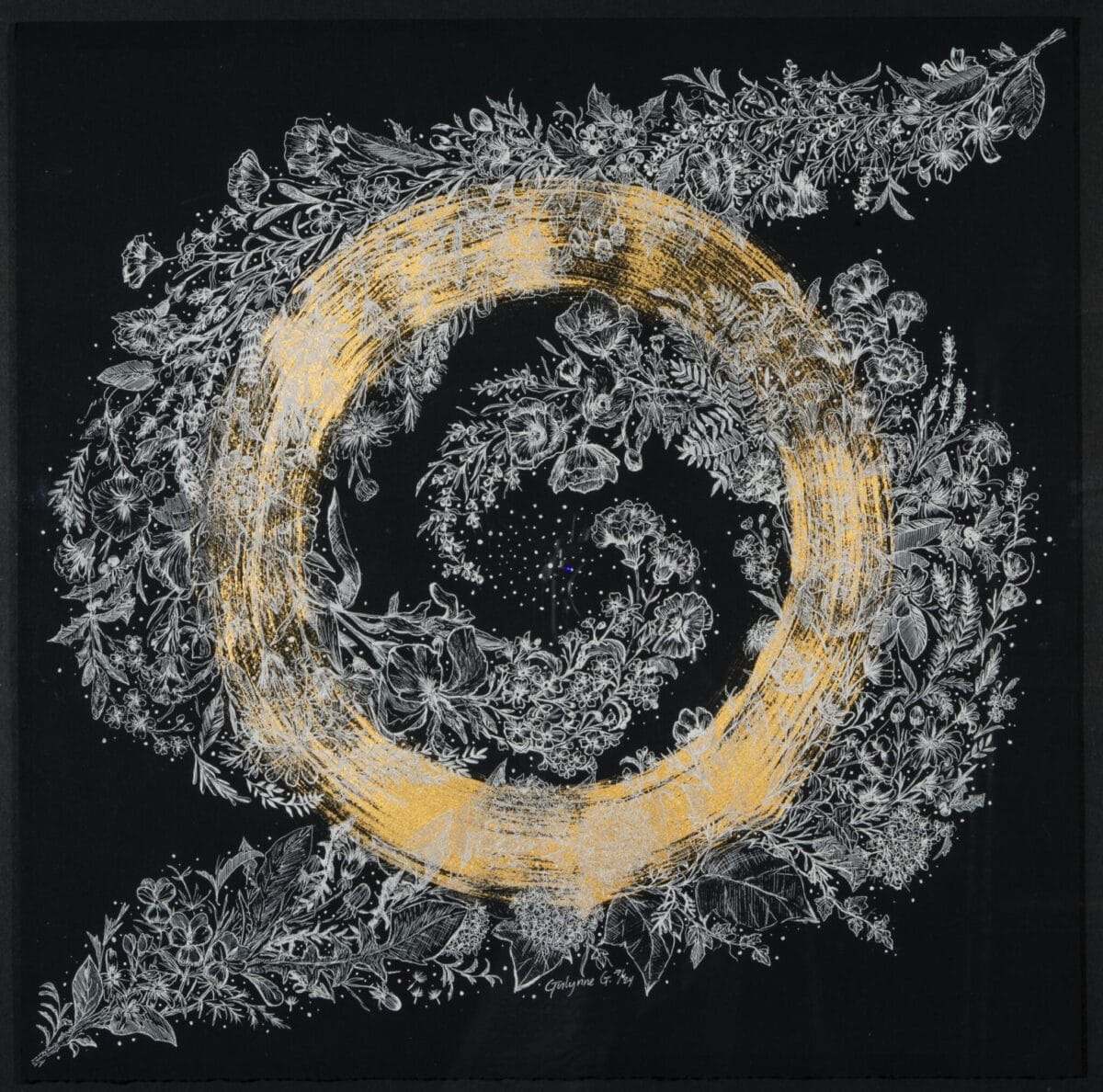 Abstract artwork featuring a circular golden brushstroke surrounded by an intricate design of white flowers and foliage on a black background. This MacKenzie Gala SENSORIA piece showcases detailed floral elements radiating outward from the central circle, creating a harmonious blend of geometric and organic forms.