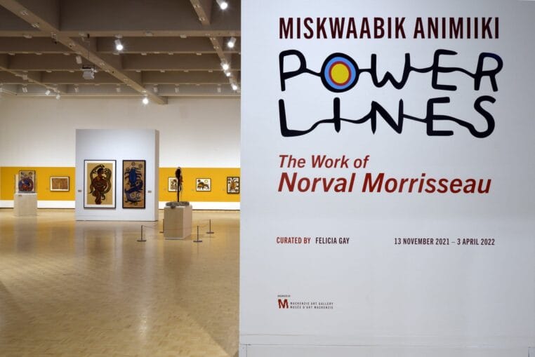 Installation view, Miskwaabik Animiiki Power Lines: The Work of Norval Morrisseau, The MacKenzie Art Gallery, 2021. 