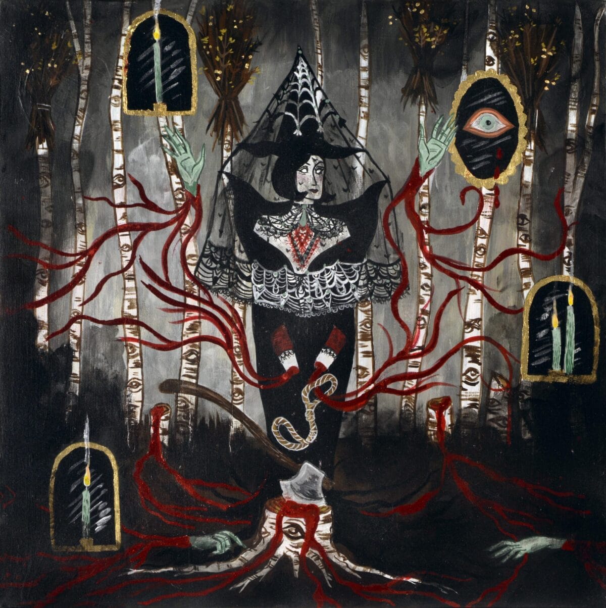 A surreal painting featured at the MacKenzie Gala SENSORIA depicts a figure in dark, ornate clothing among birch trees. The figure has multiple arms holding items including candles and an eye-shaped mirror. Red vines and branches intertwine with lanterns and candles, creating an eerie, mystical atmosphere.
