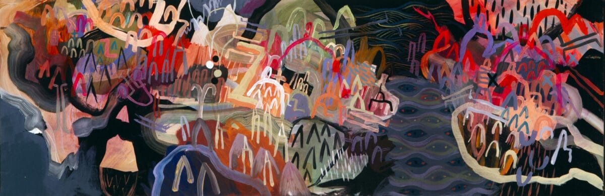A vibrant abstract painting, reminiscent of a piece from the MacKenzie Gala SENSORIA collection, with a mix of colorful, swirling shapes and patterns in red, blue, pink, and green tones. The composition includes both sharp and curved lines, creating an intricate and dynamic visual flow throughout the artwork.