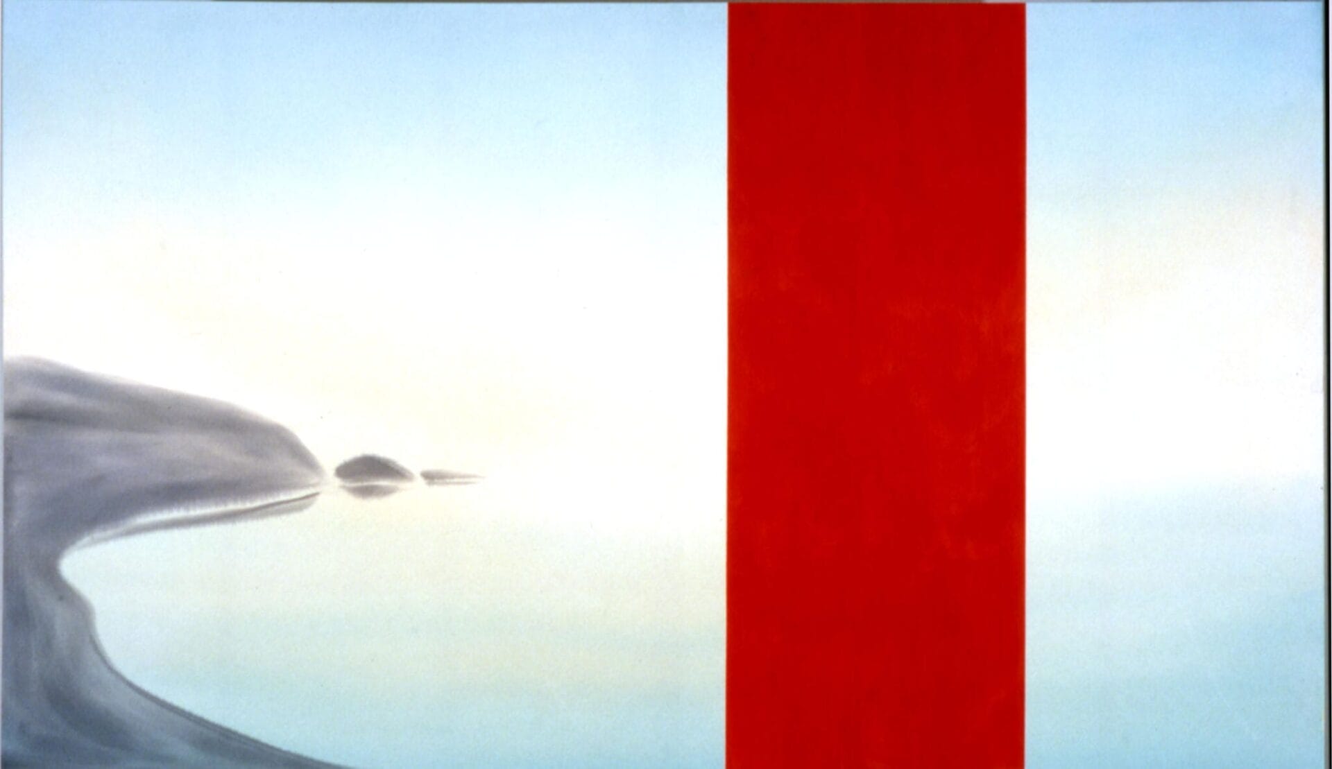 A serene, minimalistic painting featuring a soft gradient sky transitioning from light blue at the top to white at the bottom. The left side shows a subtle, grey, abstract landform with reflections on a still body of water. A bold, vertical red stripe dominates the right side, becoming giants in its presence.