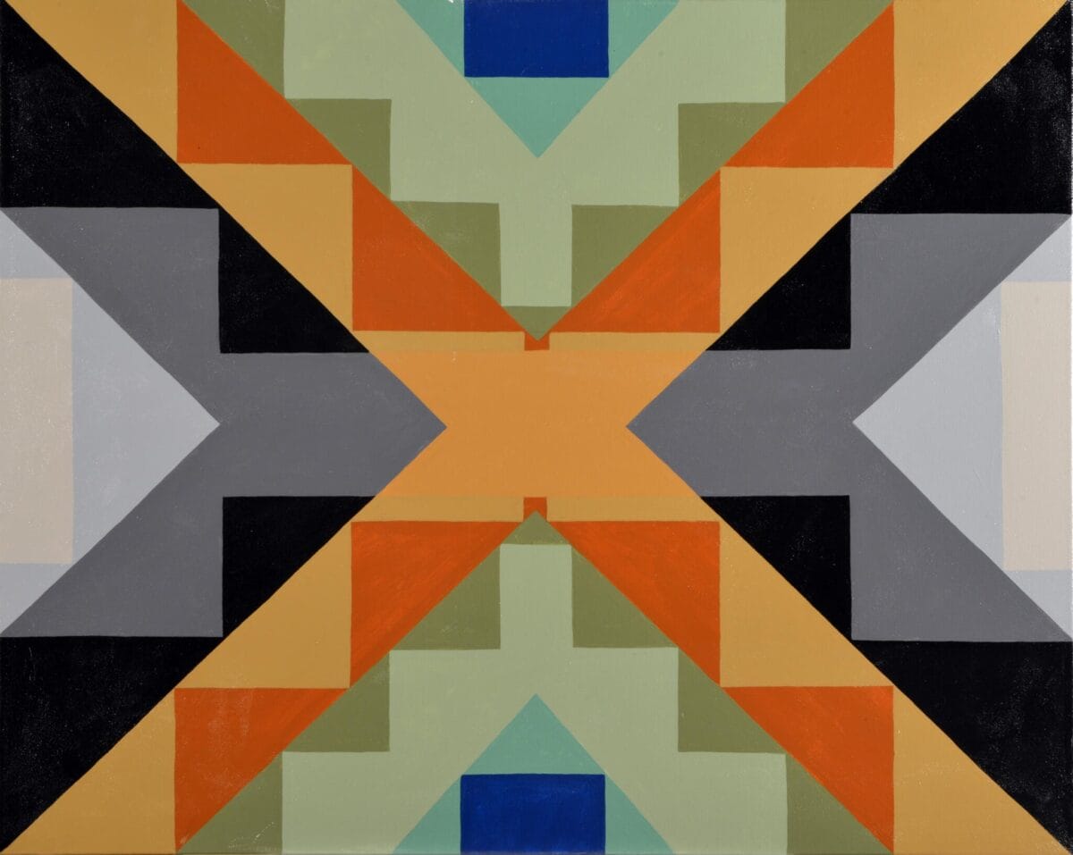A geometric abstract painting from the MacKenzie Gala SENSORIA collection features symmetrical shapes and patterns. Triangles and rectangles in shades of green, orange, grey, blue, and black converge at the center, forming an X-like design. The composition is balanced with vibrant and contrasting colors.