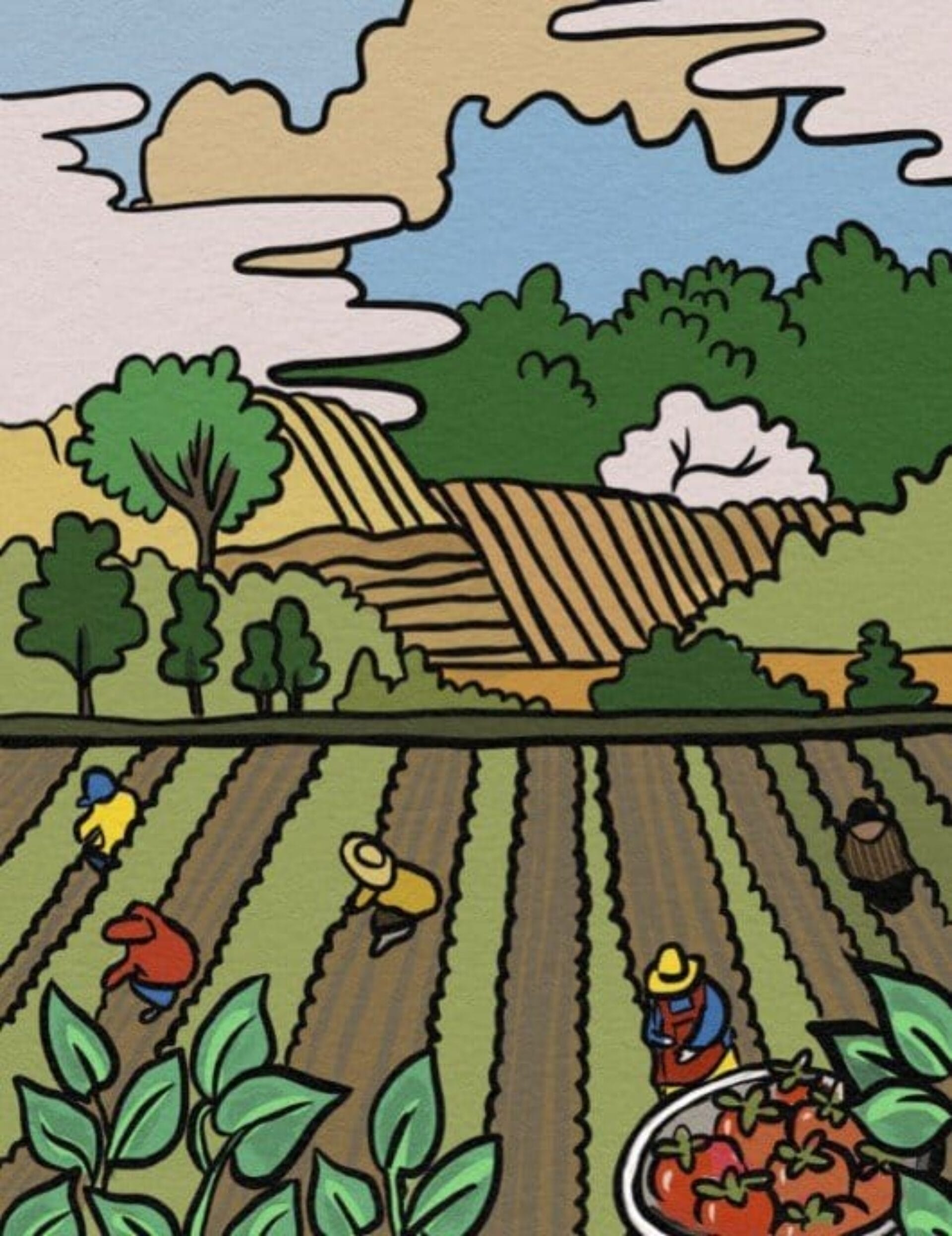 Illustration colorée d'une ferme avec des personnes travaillant dans les champs. Divers individus cueillent des récoltes, portent des chapeaux et travaillent dans des rangées de cultures. Des arbres et des collines avec des champs labourés sont visibles en arrière-plan. Un bol de tomates rouges récoltées est au premier plan.