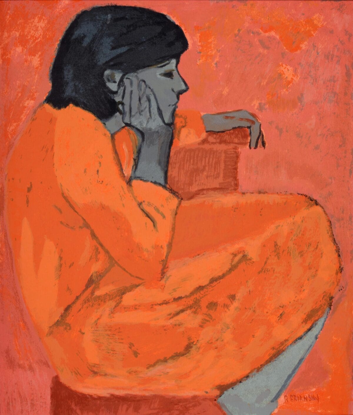 Abstract painting of a side profile of a person seated on a red chair at MacKenzie Gala SENSORIA. The individual, dressed in an orange outfit, wears a contemplative expression, resting their head on one hand. The background blends rich red and orange tones seamlessly.