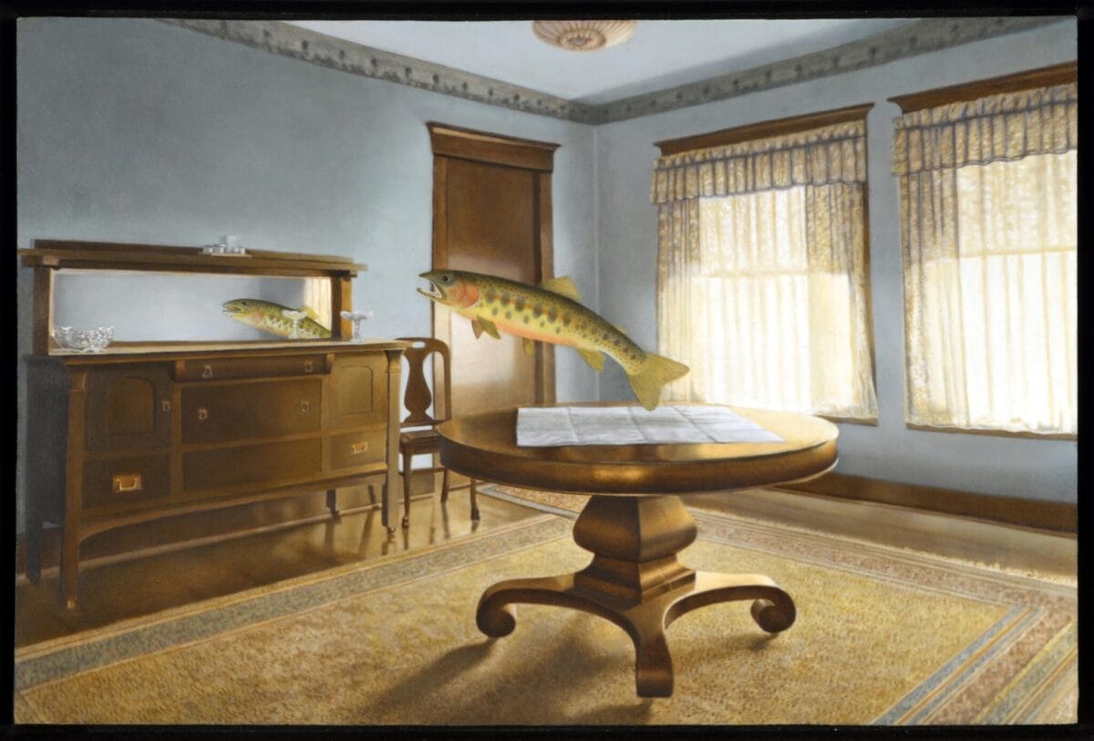 In a surreal scene reminiscent of a MacKenzie Gala, a vintage room with wooden furniture and golden curtains features a fish floating above the dining table. A sideboard with a mirror reflects the fish as sunlight filters through large windows, casting a warm glow on the SENSORIA-rich setting.