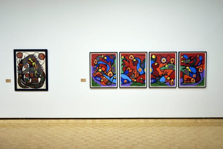Installation view, Miskwaabik Animiiki Power Lines: The Work of Norval Morrisseau, The MacKenzie Art Gallery, 2021. 