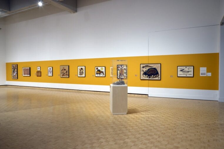 Installation view, Miskwaabik Animiiki Power Lines: The Work of Norval Morrisseau, The MacKenzie Art Gallery, 2021.