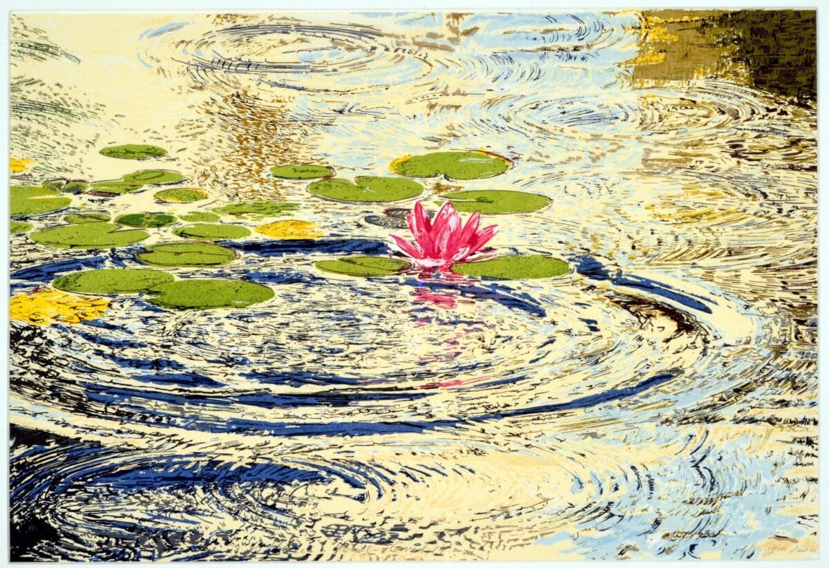 An impressionistic painting of water lilies on a pond. Ripples spread across the water's surface, with shades of blue, yellow, and white reflecting light. A single pink water lily stands out among green lily pads, reminiscent of the ethereal beauty celebrated at MacKenzie Gala SENSORIA.