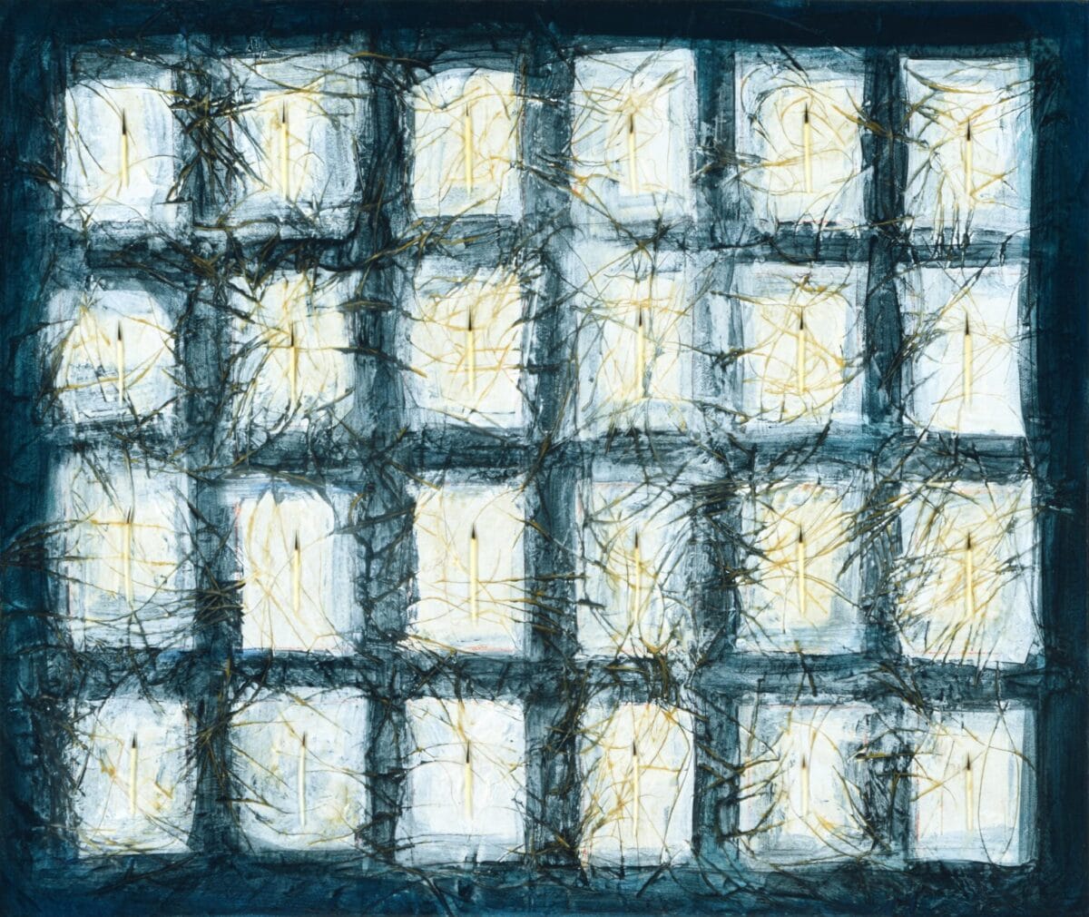 Abstract art by MacKenzie Gala featuring a grid of white and light yellow rectangular shapes with dark lines and textures over a blue and dark green background. The rough, scribbled lines add a dynamic quality to the geometric arrangement, embodying a SENSORIA of visual impact.