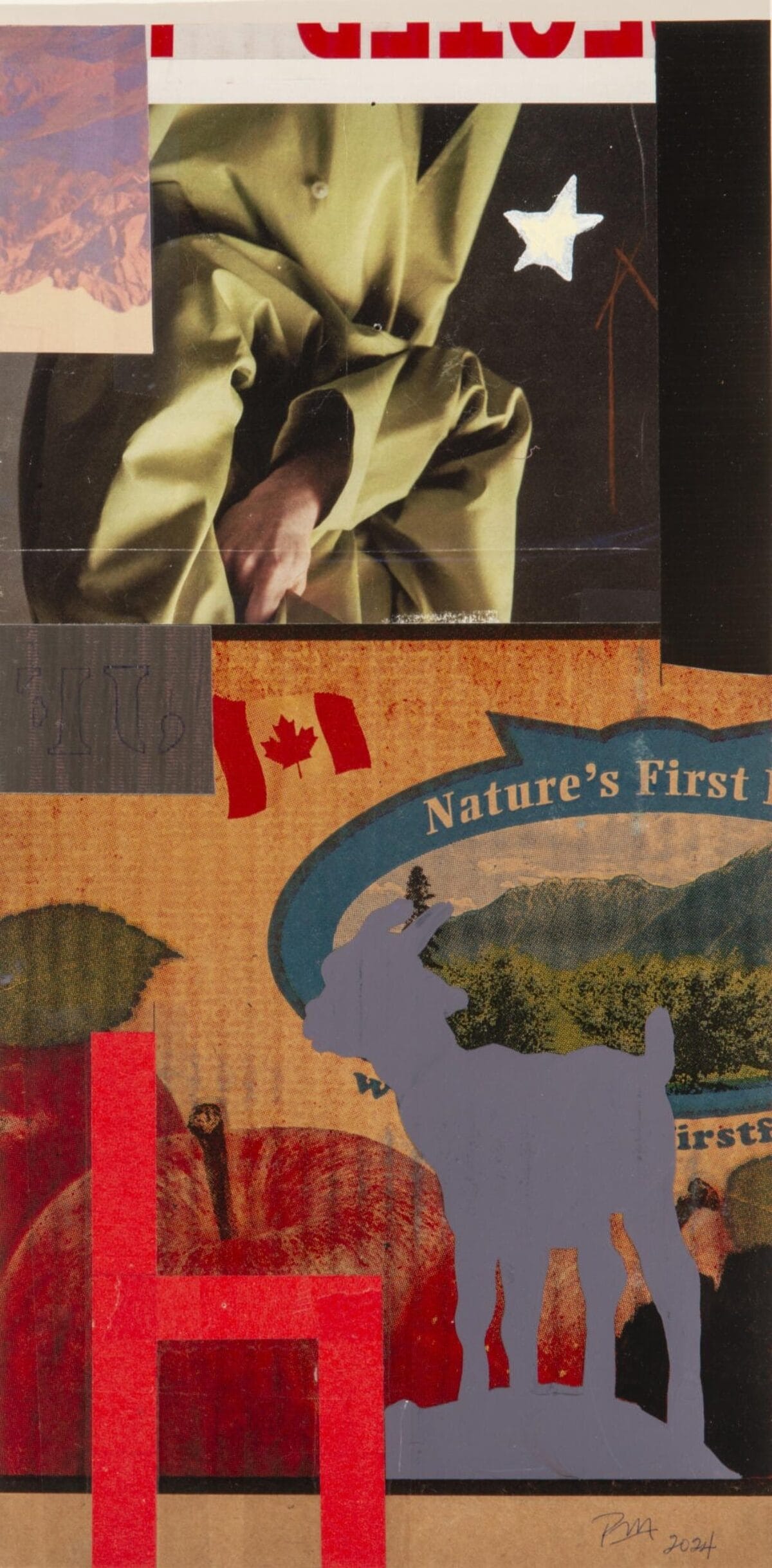 A colorful collage featuring elements like a person in a green garment, a white star, the top of a Canadian flag, a gray silhouette of a goat, and a red chair. The background includes various textures and images, with 