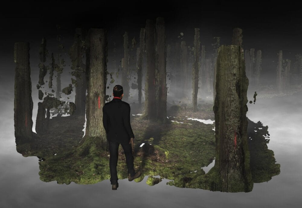 A digitally rendered forest is pictured, the forest doesn't expand to the edges of the frame, a man is seen walking into the forest with this back turned.