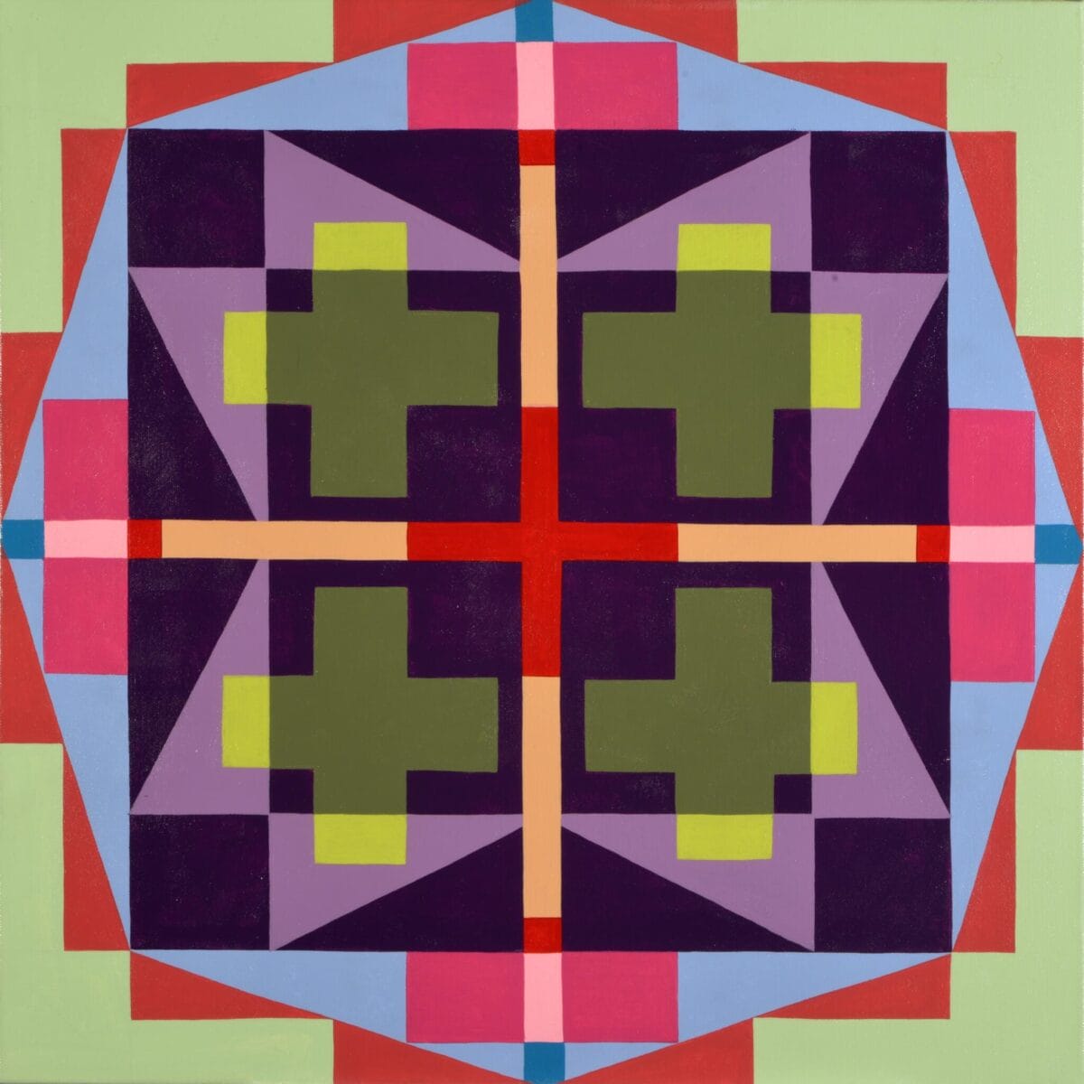 An abstract geometric painting by MacKenzie Gala features interlocking shapes in green, purple, pink, and blue, forming a symmetrical pattern. Green crosses are centrally placed against a dark purple background, framed by colorful triangles and squares, creating a SENSORIA-inspired kaleidoscopic effect.