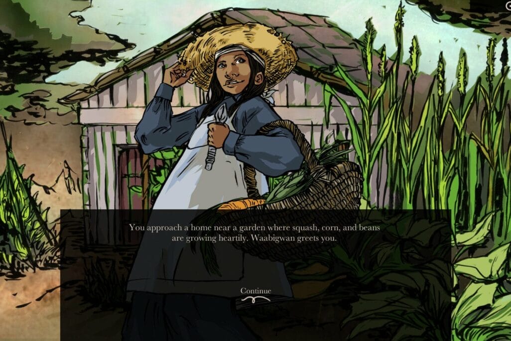 A person stands in a lush garden, wearing a wide-brimmed hat and holding a basket filled with vegetables. Behind them is a house surrounded by tall plants. A text box in front of the scene reads: 