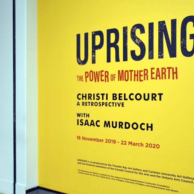 Installation view of exhibition vinyl for Christi Belcourt & Isaac Murdoch