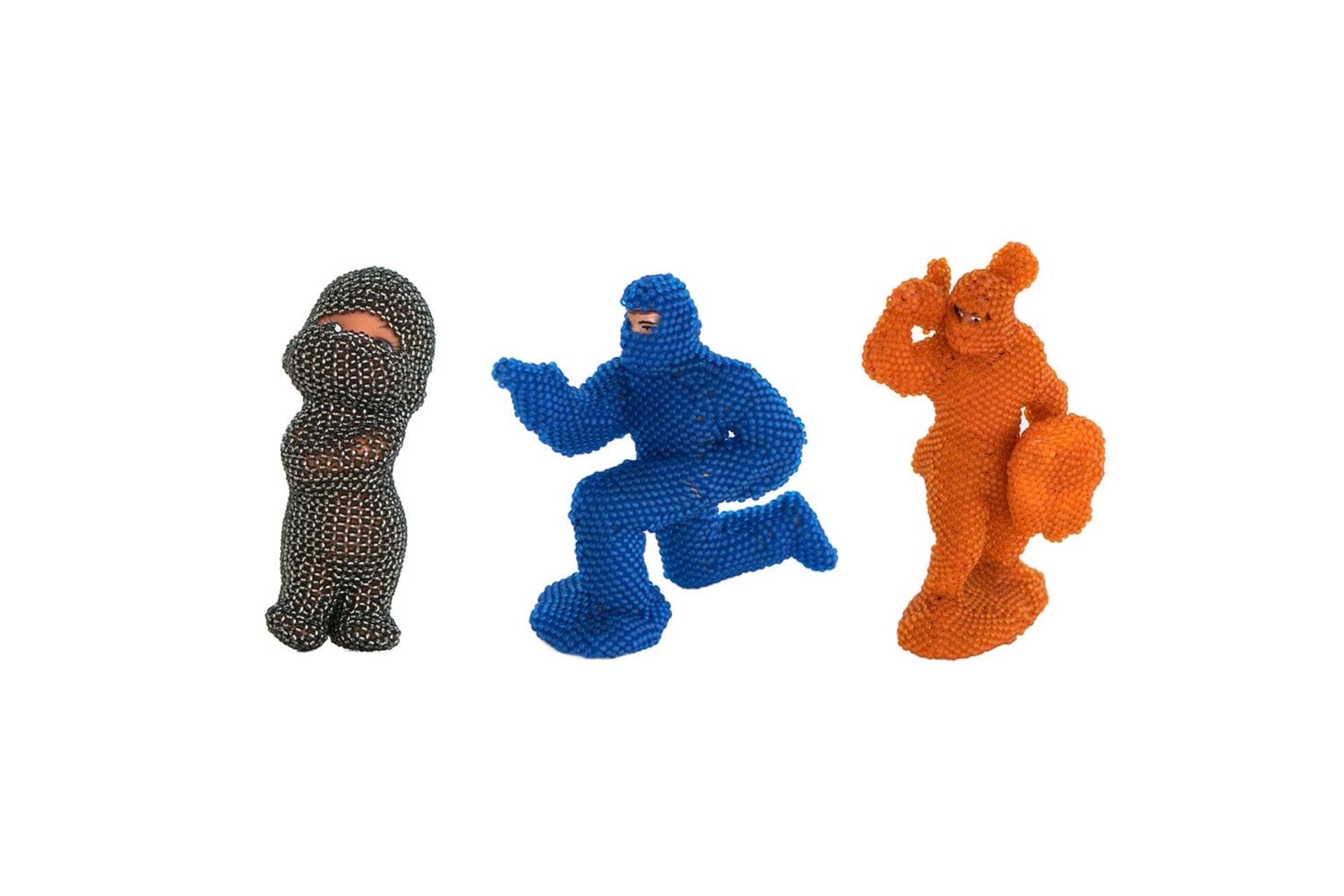 Three images lined up horizontally. They feature artist Bev Koski's works on white background, with figurines cased in vibrant beadwork.