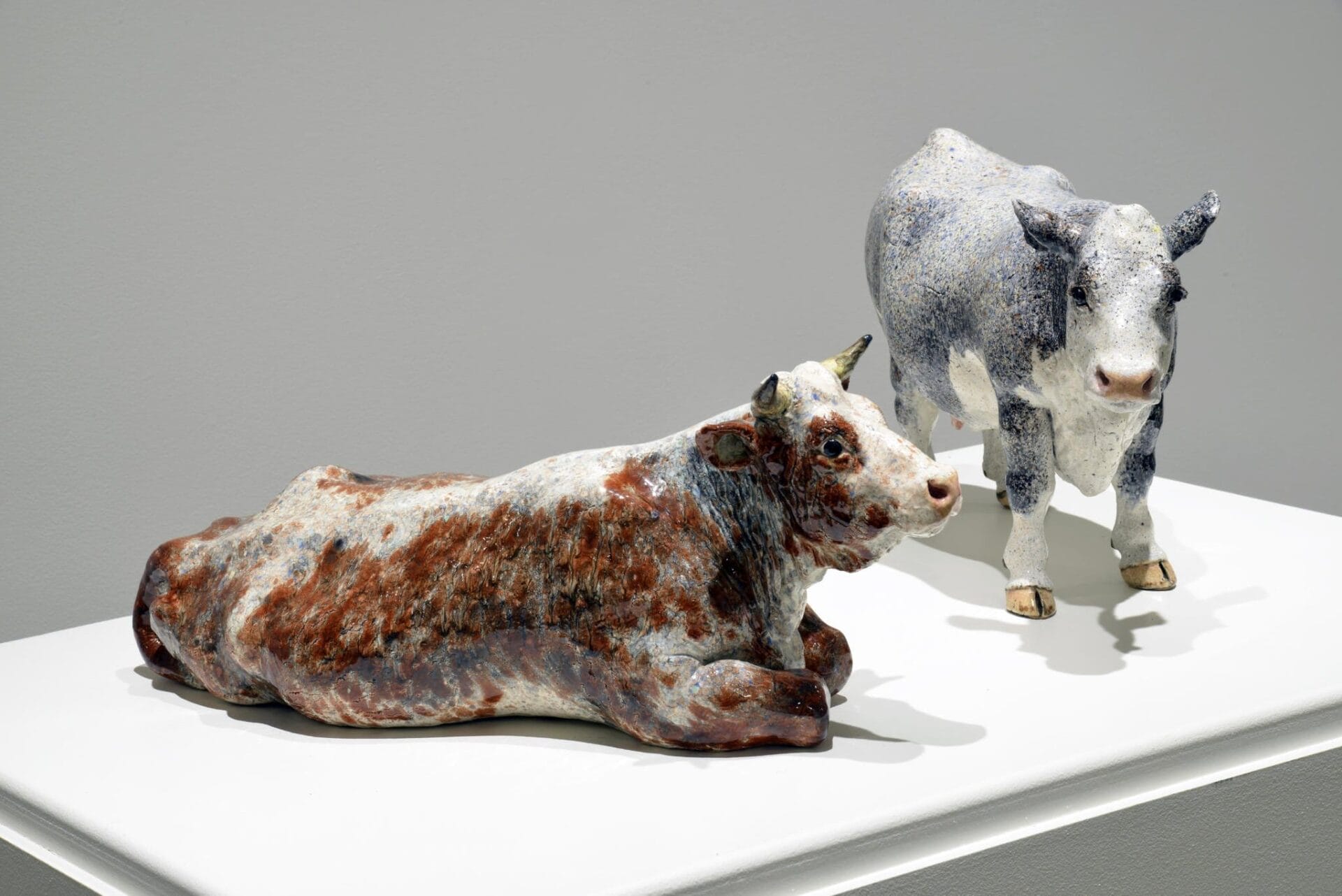 Two ceramic sculptures of cows are displayed on a white pedestal. One cow, speckled brown and lying down, rests on the left. The other, predominantly white with blue and brown spots, stands on all fours on the right. Both have a textured, glazed finish.