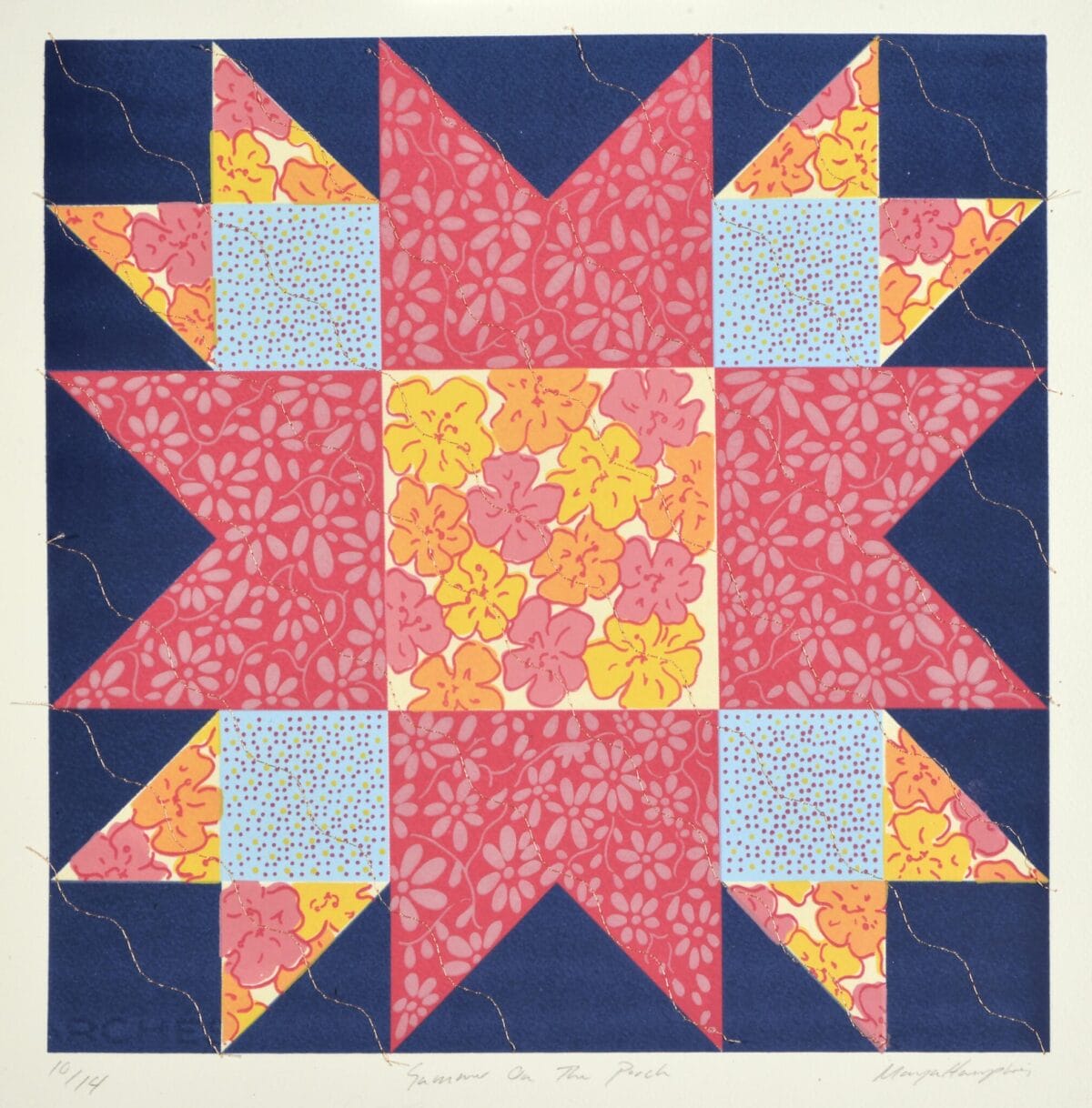 A colorful quilt block inspired by MacKenzie Gala features a central square with an orange and pink floral pattern, surrounded by similar floral patterns and blue squares with dots. Dark blue triangular sections fill the corners, forming a geometric, star-like design reminiscent of SENSORIA.