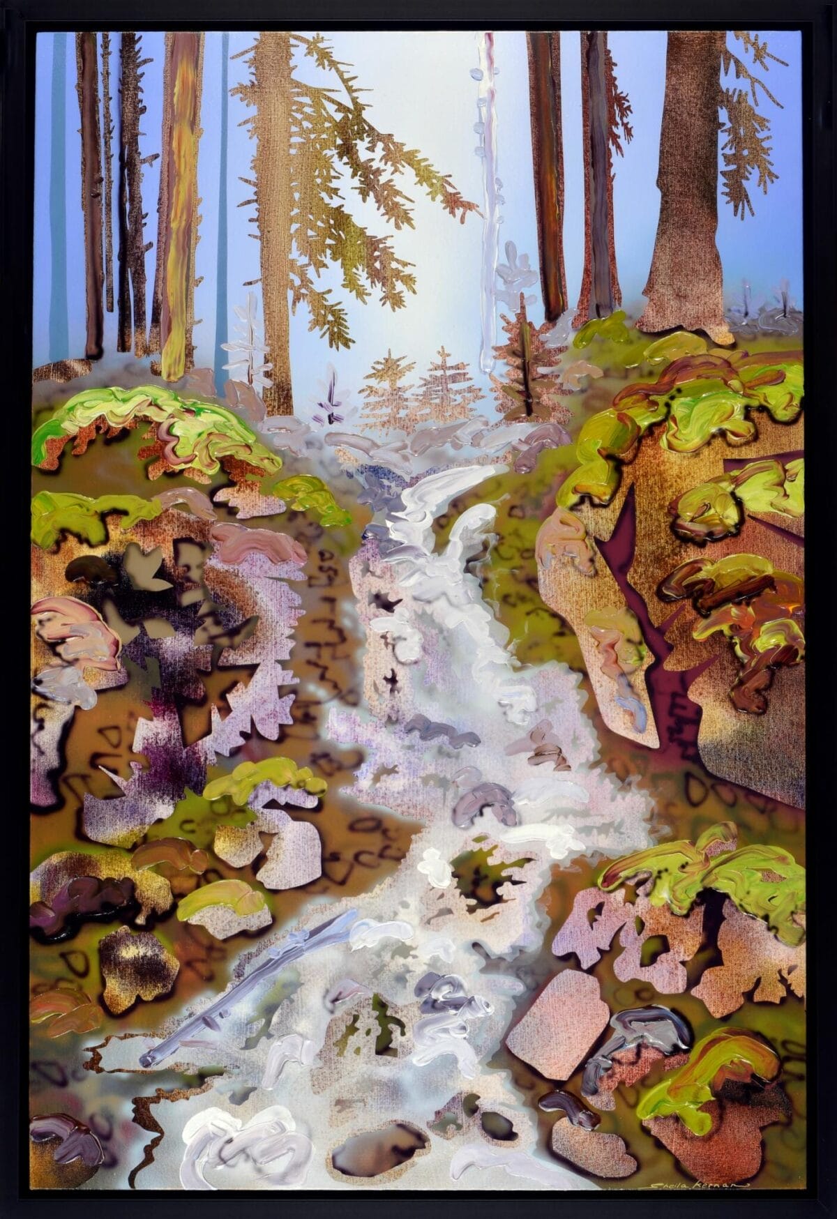 A vibrant painting from the MacKenzie Gala collection depicts a forest scene with towering trees and a cascading stream flowing through lush, moss-covered rocks. The surroundings are filled with hues of green, brown, and soft purple, creating a tranquil and vivid natural landscape.